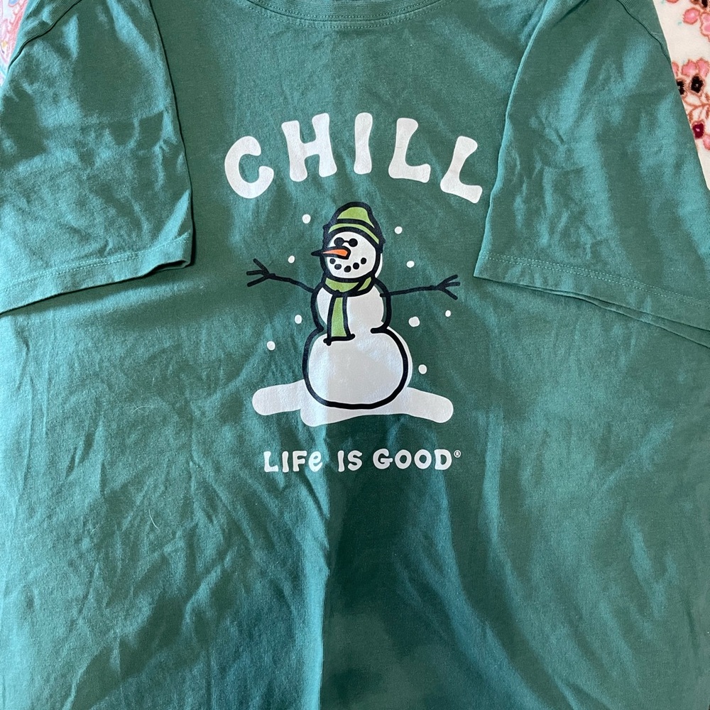 Life Is Good Green Short Sleeve Tee with Snowman Graphic